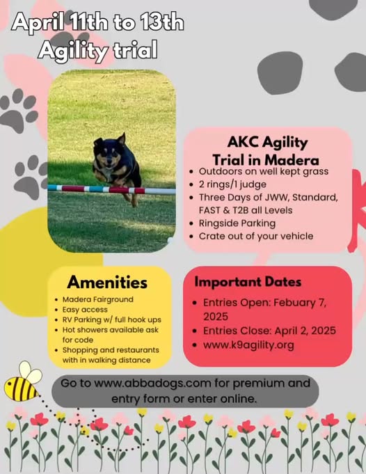 Event flyer for AKC Agility Trial in Madera, April 11-13, with amenities and important dates.