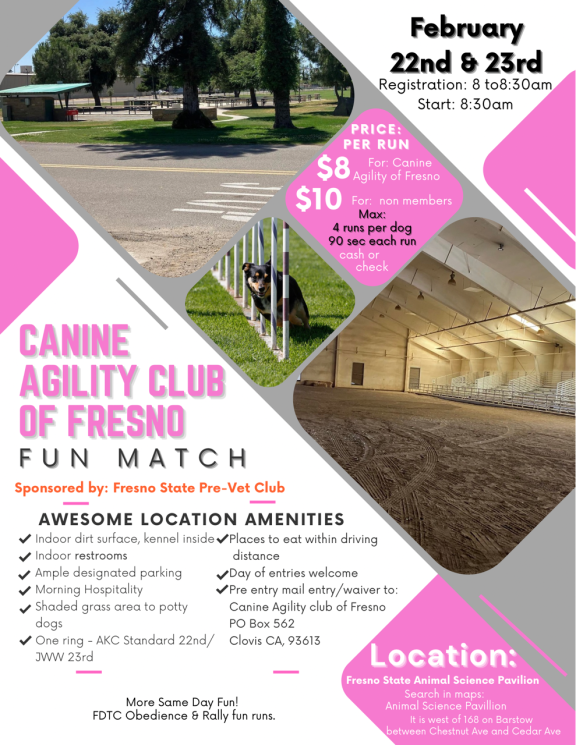 Event flyer with agility courses and event details in pink and grey tones.